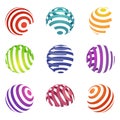Set of abstract spiral logos. Colorful ball shapes, template symbols isolated on white background