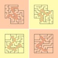 Set of abstract square labyrinths. A game for children. A simple flat vector illustration isolated on a colored background. With a