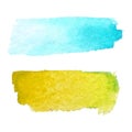 Set of abstract stains. Blue and yellow colors. Bright creative horizontal backdrop. Watercolor texture with brush strokes.Spots