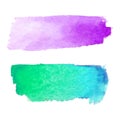 Set of abstract stains. Purple and green blue colors. Bright creative horizontal backdrop. Watercolor texture with brush strokes. Royalty Free Stock Photo