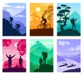 Set of abstract travel posters with people silhouettes. Tourism banner collection