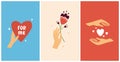 Set of abstract vector illustrations with heart shapes and female hand holding flower Royalty Free Stock Photo