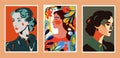 Set of abstract vector illustrations of portraits of beautiful women. Retro style