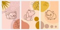 Set of abstract vertical backgrounds with animal elements including cat, dog and guinea pig, shapes and plants.