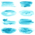 Set of abstract watercolor blue spots, blots, splashes and badge Royalty Free Stock Photo