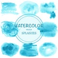 Set of abstract watercolor blue spots, blots, splashes and badge Royalty Free Stock Photo