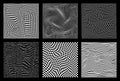 Set of abstract wavy twisted distorted line dots squares binary code black and white textures