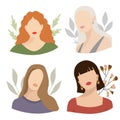 Set of abstract woman portraits. Beautiful female silhouettes with floral background. Vector illustration isolated on white.