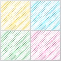 Set of abstract yellow, blue, green, pink dotted stripes diagonally pattern isolated on white background. Royalty Free Stock Photo