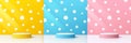 Set of abstract yellow, blue and pink realistic 3d cylinder pedestal podium with white polka dots on the wall. Vector rendering Royalty Free Stock Photo