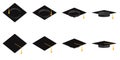 A set of academic cups with tassels in different angles Vector flat illustration