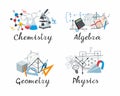 A set of academic disciplines. Chemistry, Algebra, Geometry, Physics for School Notebooks Royalty Free Stock Photo