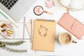 Set of accessories, cosmetics and laptop on wooden background, flat lay. Beauty blogging