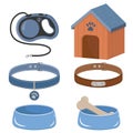 A set of accessories for dogs and cats, a booth, bowls with food, a leash and collars with a medallion.