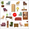 Set of accessories and furniture. Armchairs of different types, sofa, table, shelf, home plant, mirror bookcase, lamp