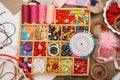 Set of accessories and jewelry to embroidery, sewing accessories top view, seamstress workplace, many object for needlework, embro