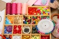 Set of accessories and jewelry to embroidery, sewing accessories top view, seamstress workplace, many object for needlework, embro Royalty Free Stock Photo