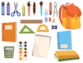 Set of accessories for the school. Collection of stationery for students and schoolchildren. Cartoon vector illustration Royalty Free Stock Photo