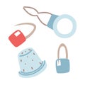 A set of accessories for sewing and knitting. A needle-holder, a thimble, and a pin. A flat color illustration. Isolated items for Royalty Free Stock Photo
