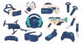 Set Of Accessories For Virtual Reality Entertainment. Vr Glasses, Glove, Steering Wheel And Drone Or Quadcopter, Gamepad