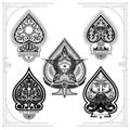 Set of ace of spades with forging curl pattern, facewith beard, star with torch. Prints isolated Royalty Free Stock Photo