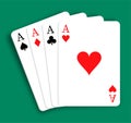 Set of 4 aces of playing cards of different suits. Diamonds, Hearts, Clubs, Spades. Combination of four kinds in poker. Realistic