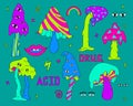 A set of acid psychedelic cartoon mushrooms, eyes, rainbow, mouth and lettering.