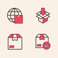 Set ackage box with check mark, Worldwide shipping, Carton cardboard and icon. Vector Royalty Free Stock Photo