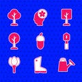 Set Acorn, Rubber gloves, Watering can, Shovel, Flower tulip, Forest, and icon. Vector
