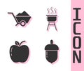 Set Acorn, Wheelbarrow with dirt, Apple and Barbecue grill icon. Vector