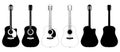 A set of acoustic classic guitars of black on white background. String musical instruments