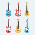 Set of acoustic and electric guitars on light background. String musical instruments on cute flat cartoon style. Royalty Free Stock Photo