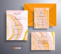 Set of acrylic wedding invitations with stone texture. Agate vector cards with marble effect and swirling paints, orange Royalty Free Stock Photo