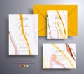 Set of acrylic wedding invitations with stone texture. Agate vector cards with marble effect and swirling paints, yellow Royalty Free Stock Photo