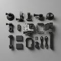 A set of action camera accessories laid out on a gray surface Royalty Free Stock Photo
