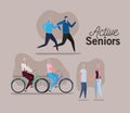 Set of active seniors woman and man cartoons with bikes on brown background vector design