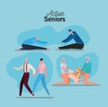 Set of active seniors woman and man cartoons on blue background vector design