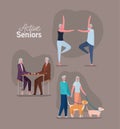 Set of active seniors woman and man cartoons on brown background vector design
