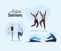 Set of active seniors woman and man cartoons jumping and doing yoga vector design