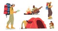 Set of Active Tourists. Young People in Camp. Characters Set Up Tent, Playing Guitar at Campfire. Friends Company Hiking