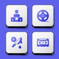 Set Actor star, Film reel, Thriller movie and VHS video cassette tape icon. White square button. Vector