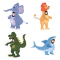 Set Actors in animal Elephant, Lion, Dinosaur, Shark costume. Theme party, Birthday kid, children animator, entertainer Royalty Free Stock Photo