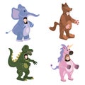 Set Actors in animal Elephant, Wolf, Dinosaur, Unicorn costume. Theme party, Birthday kid, children animator Royalty Free Stock Photo