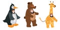 Set Actors in animal Penguin, Bear, Giraffe costume. Theme party, Birthday kid, children animator, entertainer wearing