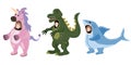 Set Actors in animal Unicorn Dinosaur, Shark costume. Theme party, Birthday kid, children animator, entertainer wearing