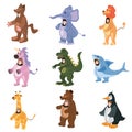 Set Actors in animal Wolf, Unicorn, Bear, Elepfant, Lion, Shark, Giraffe, Penguin, Dinosaur costume. Theme party Royalty Free Stock Photo