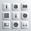 Set Acute angle, Glasses, Ringing alarm bell, Scissors, Computer monitor, Calculator, Marker pen and Open book icon