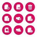 Set Add new folder, Cloud storage text document, Unknown, Delete file, Document with search, Upload, Trash can and icon Royalty Free Stock Photo