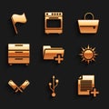 Set Add new folder, USB, file, Sun, Crossed meat chopper and Furniture nightstand icon. Vector