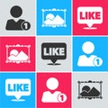 Set Add to friend, Picture landscape and Like in speech bubble icon. Vector
